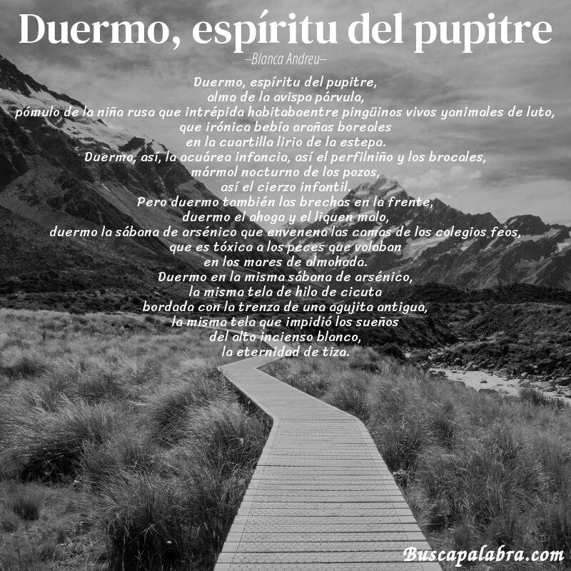 Poema duermo, espíritu del pupitre de Blanca Andreu con fondo de paisaje