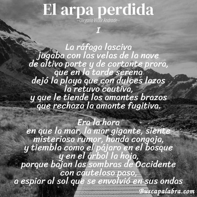 Poema El arpa perdida de Olegario Víctor Andrade con fondo de paisaje