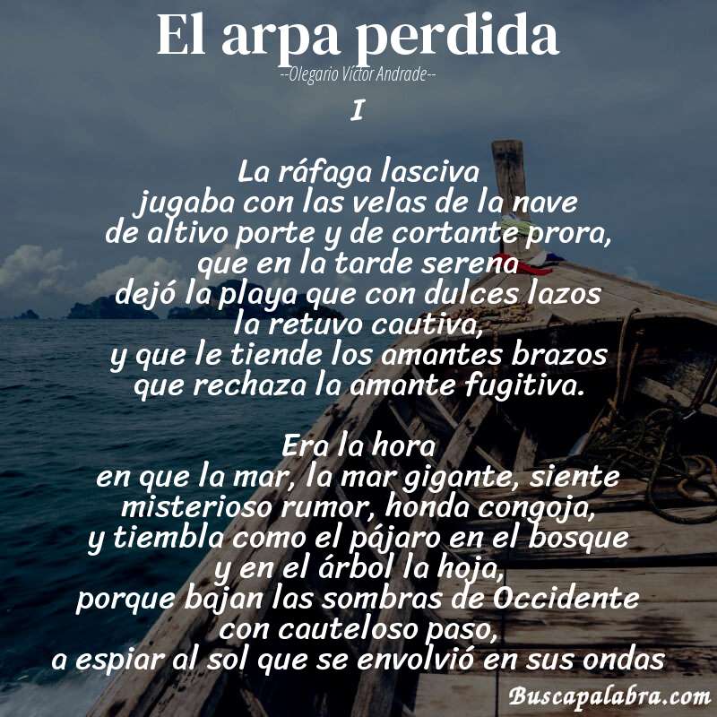 Poema El arpa perdida de Olegario Víctor Andrade con fondo de barca