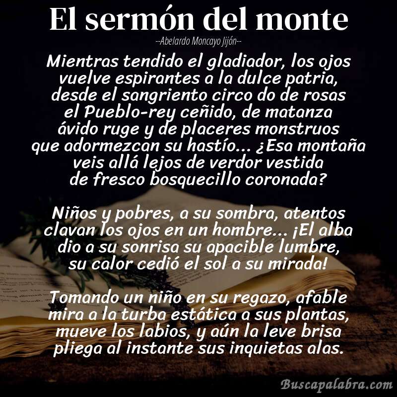 Poema El sermón del monte de Abelardo Moncayo Jijón con fondo de libro