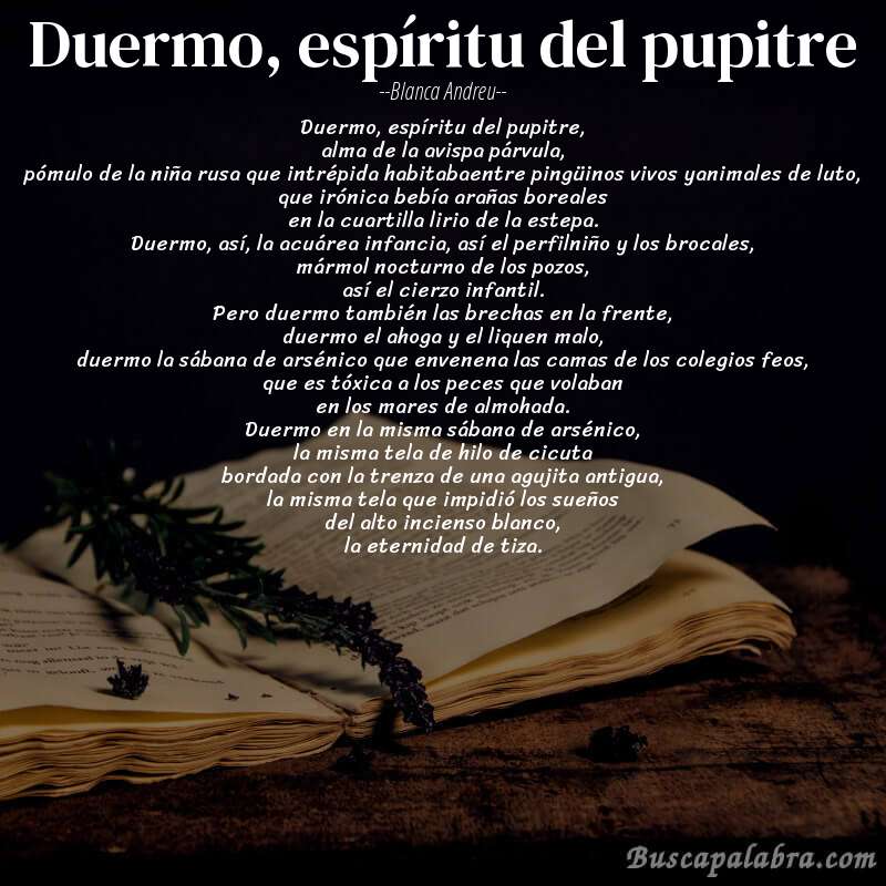 Poema duermo, espíritu del pupitre de Blanca Andreu con fondo de libro