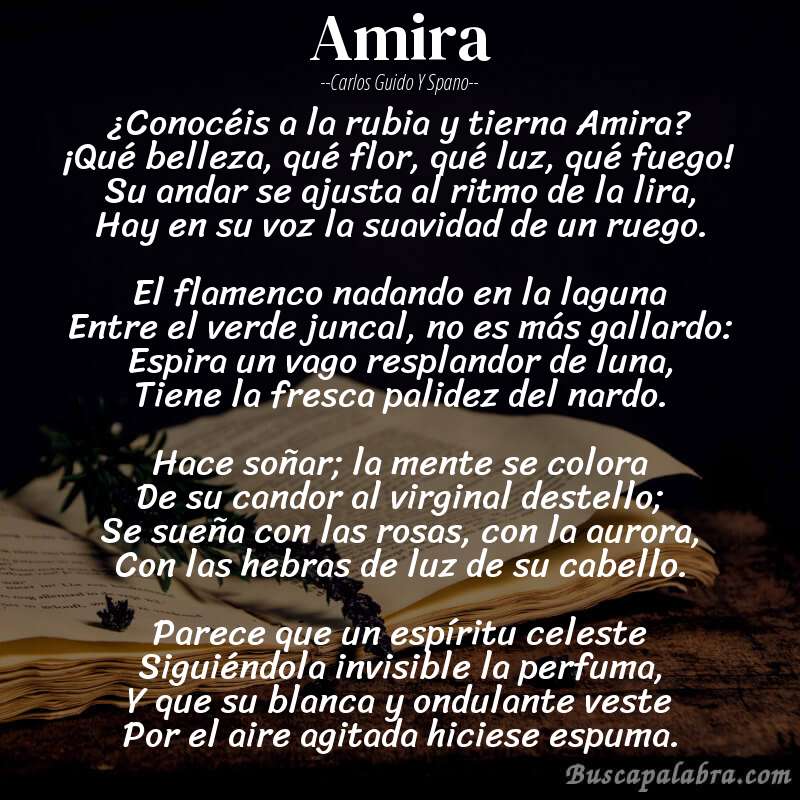 Poema Amira de Carlos Guido y Spano con fondo de libro