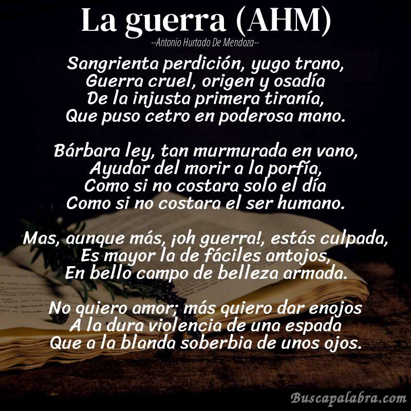 Poema La guerra (AHM) de Antonio Hurtado de Mendoza con fondo de libro