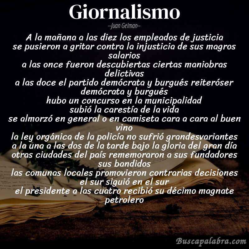 Poema giornalismo de Juan Gelman con fondo de libro