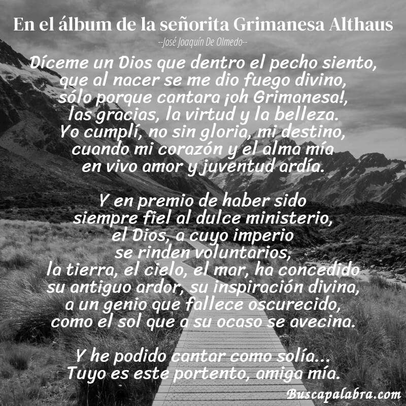 Poema En el álbum de la señorita Grimanesa Althaus de José Joaquín de Olmedo con fondo de paisaje