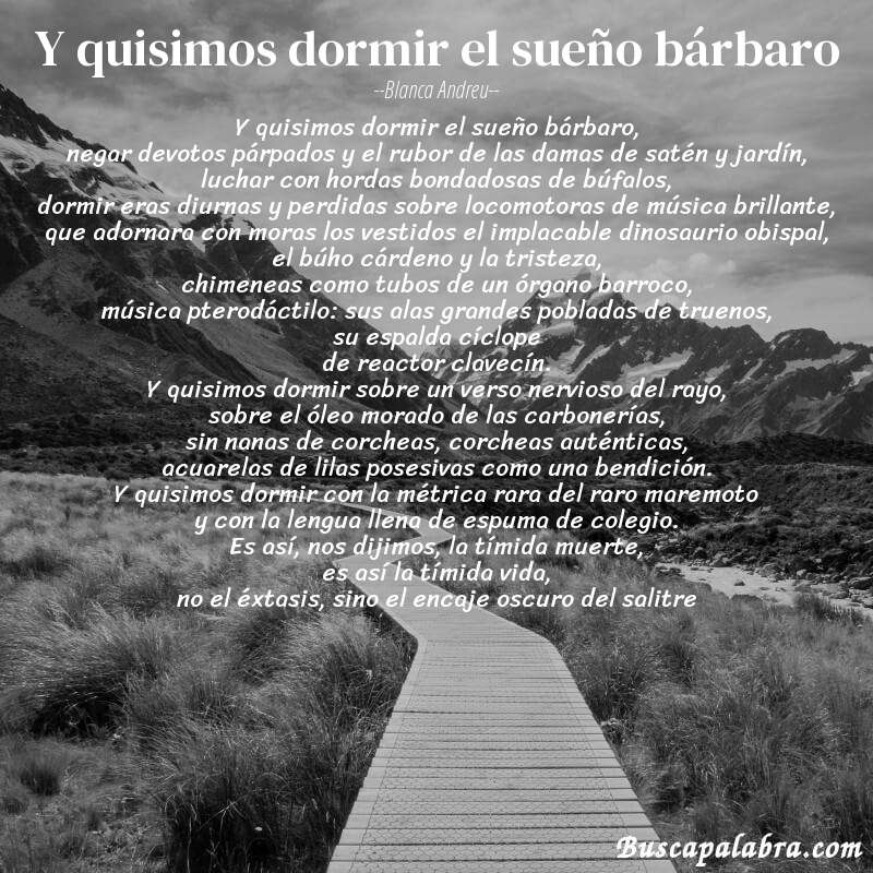 Poema y quisimos dormir el sueño bárbaro de Blanca Andreu con fondo de paisaje