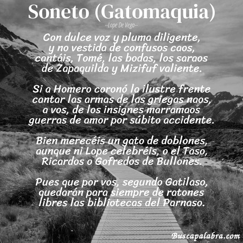 Poema Soneto (Gatomaquia) de Lope de Vega con fondo de paisaje