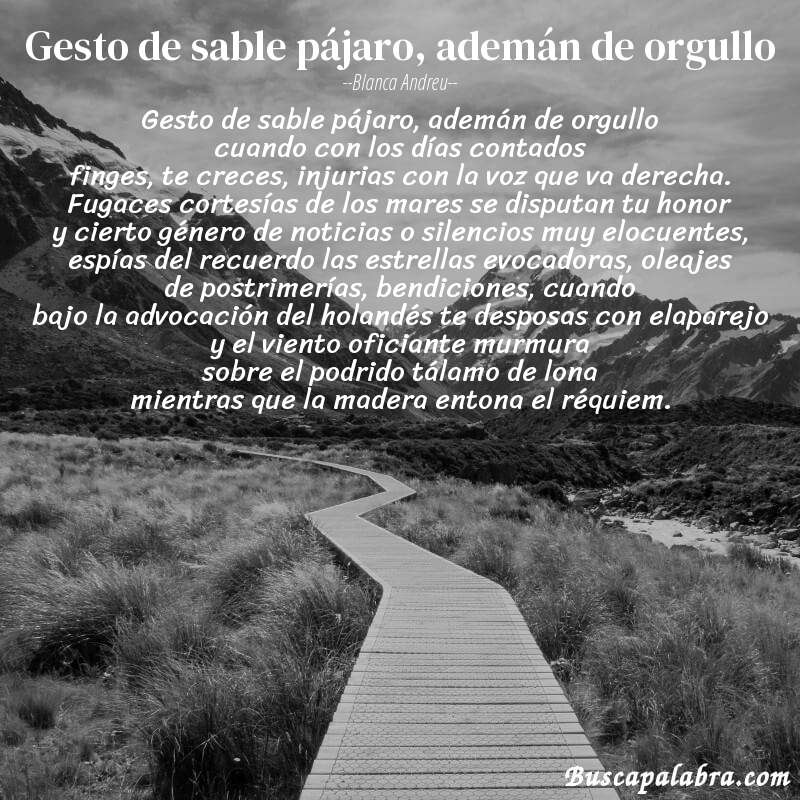 Poema gesto de sable pájaro, ademán de orgullo de Blanca Andreu con fondo de paisaje