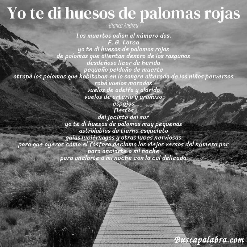 Poema yo te di huesos de palomas rojas de Blanca Andreu con fondo de paisaje