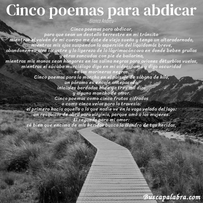 Poema cinco poemas para abdicar de Blanca Andreu con fondo de paisaje