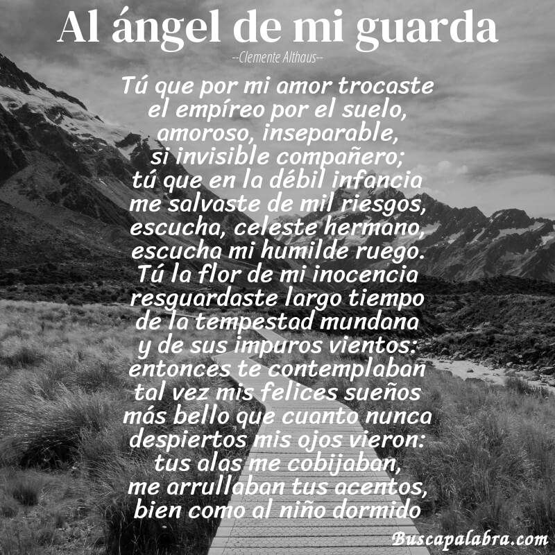 Poema Al ángel de mi guarda de Clemente Althaus con fondo de paisaje