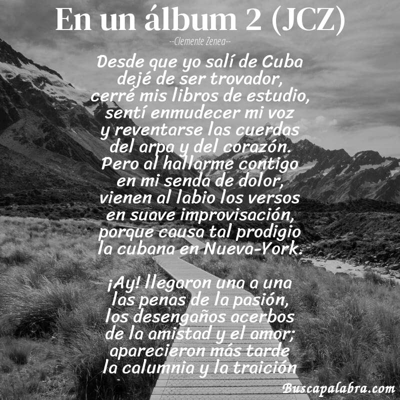 Poema En un álbum 2 (JCZ) de Clemente Zenea con fondo de paisaje