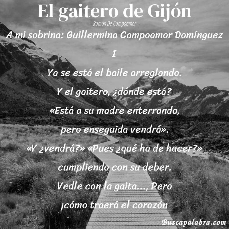 Poema El gaitero de Gijón de Ramón de Campoamor con fondo de paisaje