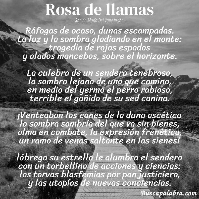 Poema rosa de llamas de Ramón María del Valle Inclán con fondo de paisaje