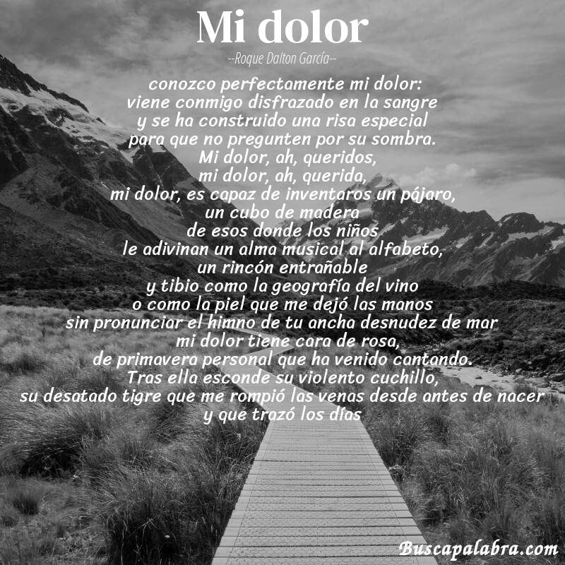 Poema mi dolor de Roque Dalton García con fondo de paisaje