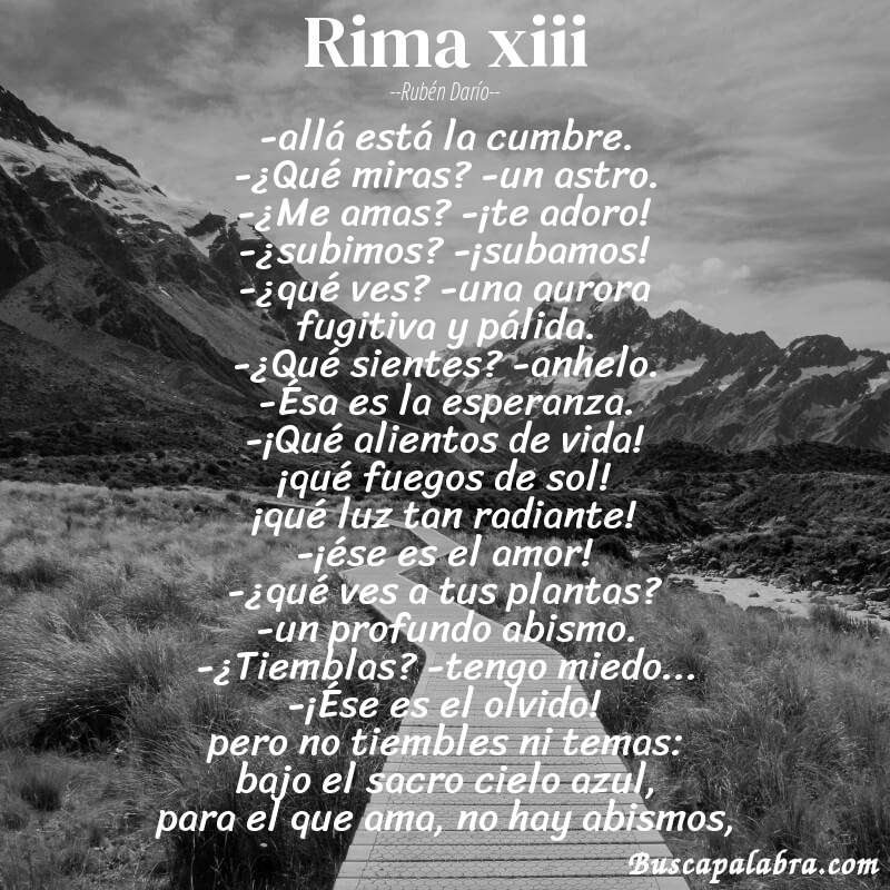 Poema rima xiii de Rubén Darío con fondo de paisaje