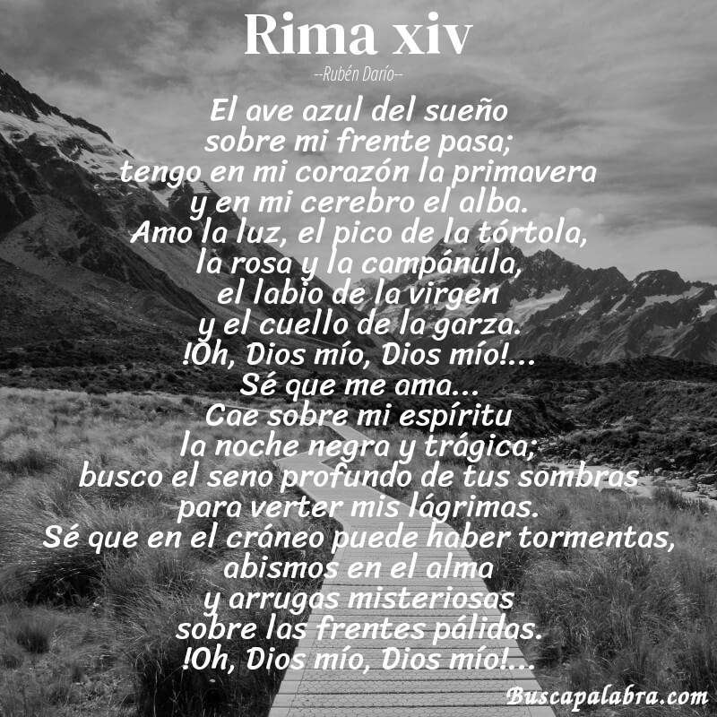 Poema rima xiv de Rubén Darío con fondo de paisaje