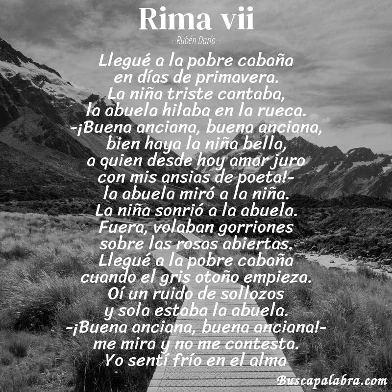 Poema rima vii de Rubén Darío con fondo de paisaje