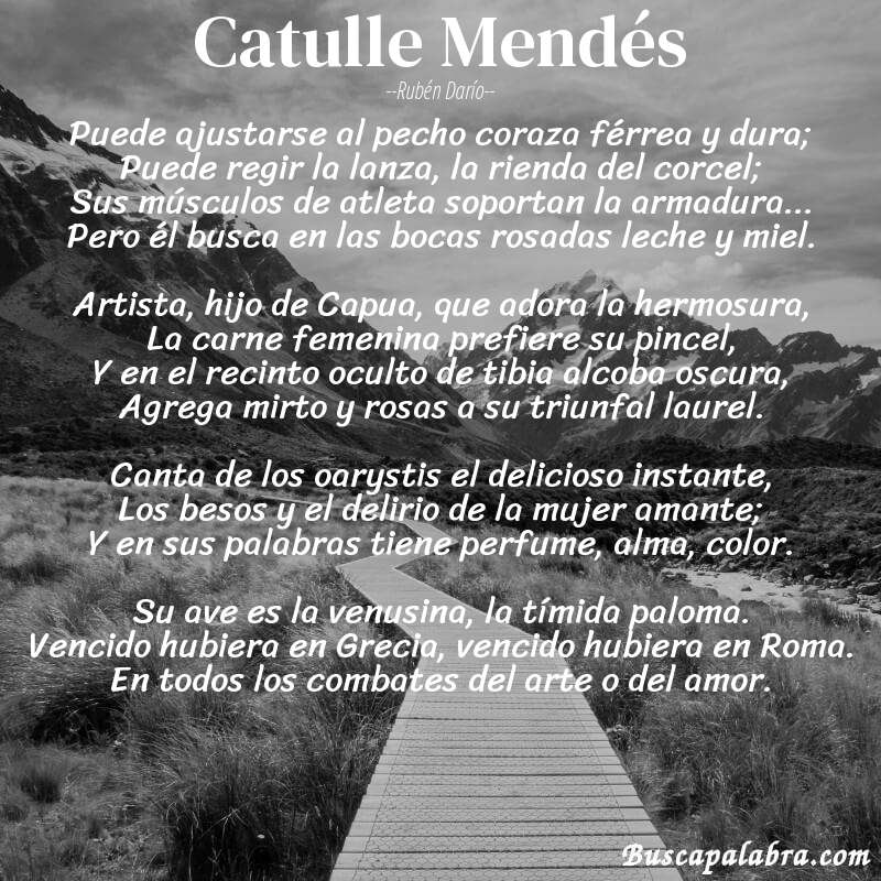 Poema Catulle Mendés de Rubén Darío con fondo de paisaje