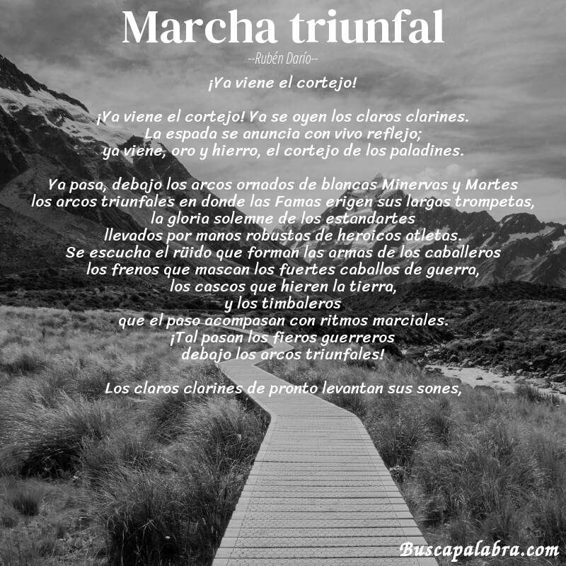 Poema Marcha triunfal de Rubén Darío con fondo de paisaje