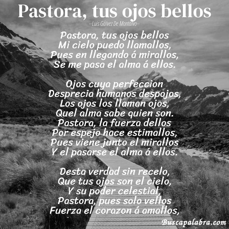 Poema Pastora, tus ojos bellos de Luis Gálvez de Montalvo con fondo de paisaje
