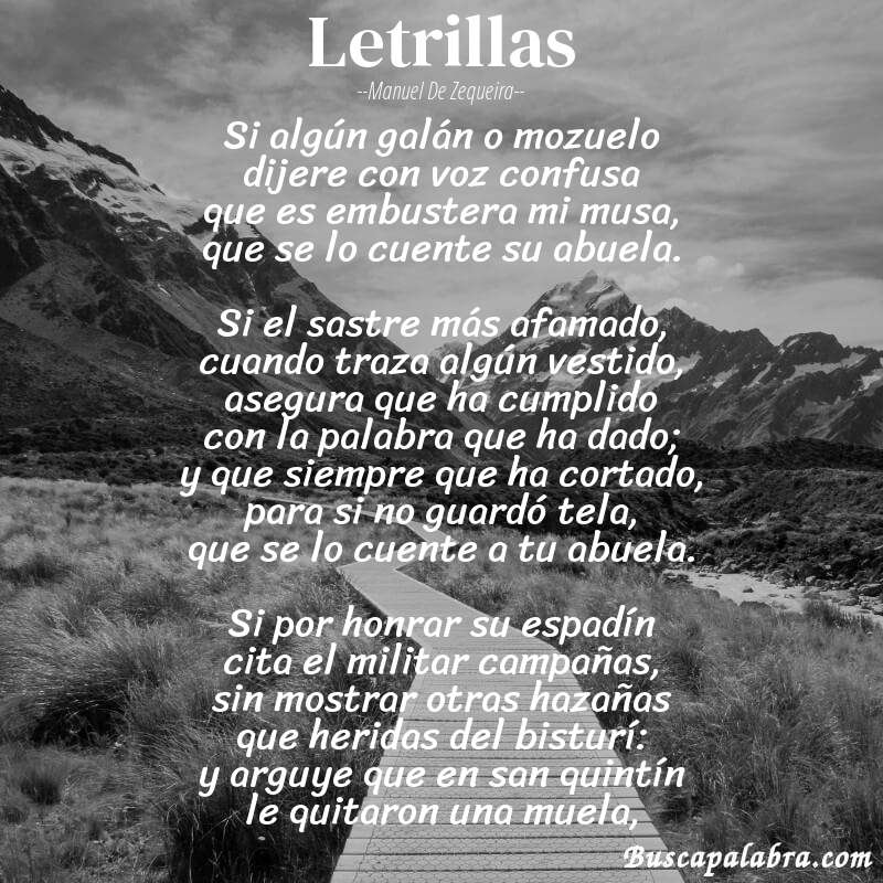 Poema letrillas de Manuel de Zequeira con fondo de paisaje