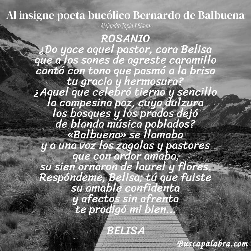 Poema Al insigne poeta bucólico Bernardo de Balbuena de Alejandro Tapia y Rivera con fondo de paisaje