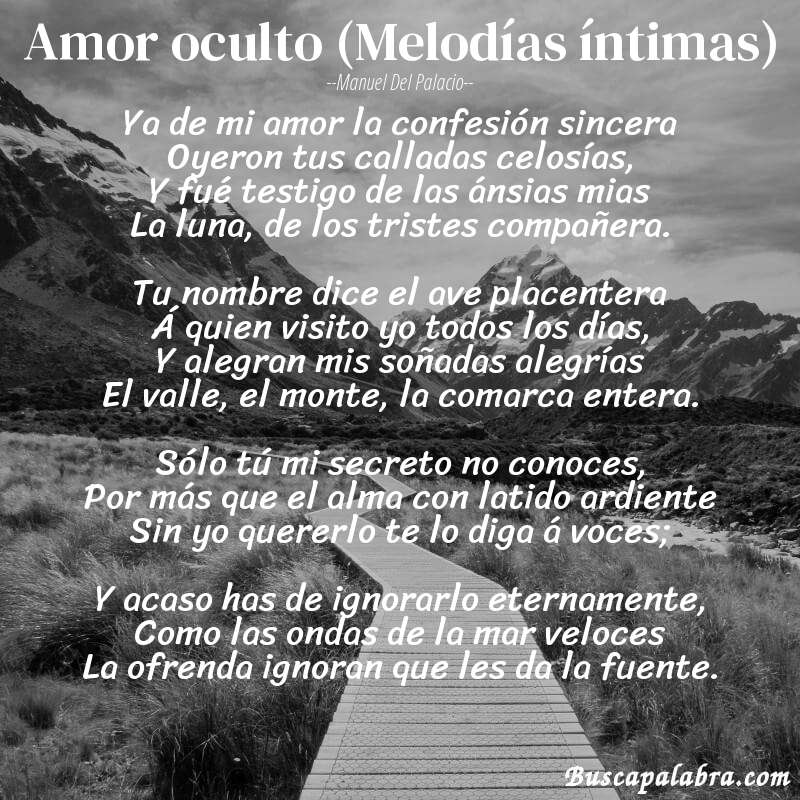 Poema Amor oculto (Melodías íntimas) de Manuel del Palacio con fondo de paisaje