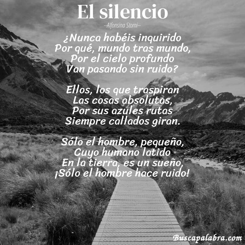 Poema El silencio de Alfonsina Storni con fondo de paisaje