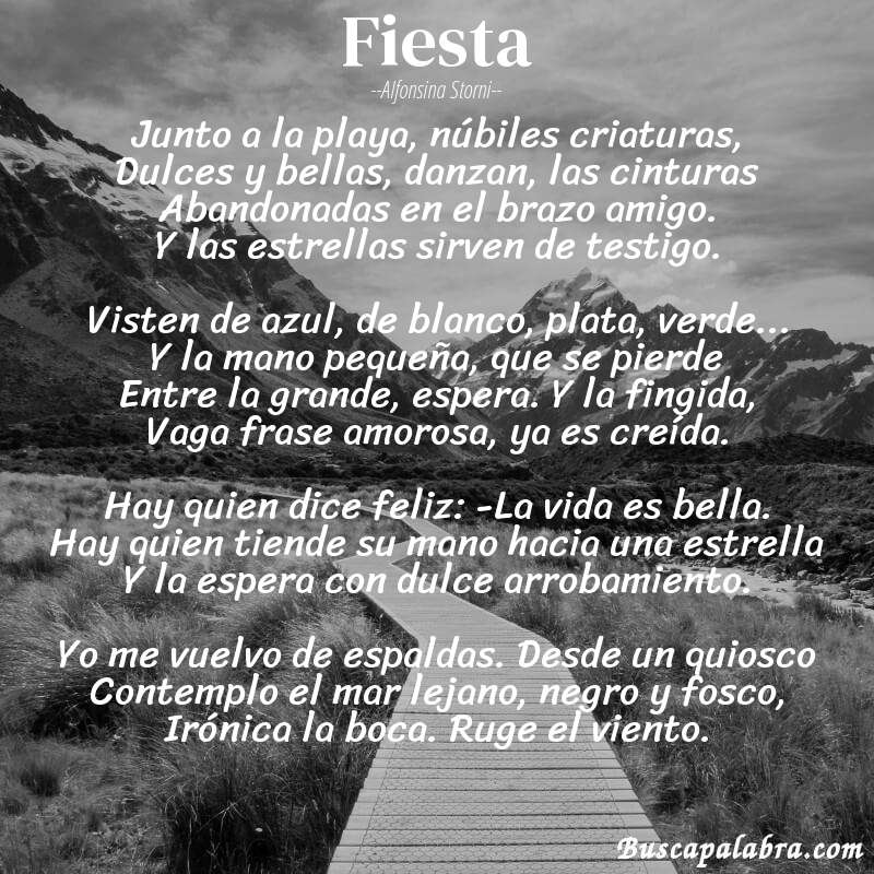 Poema Fiesta de Alfonsina Storni con fondo de paisaje