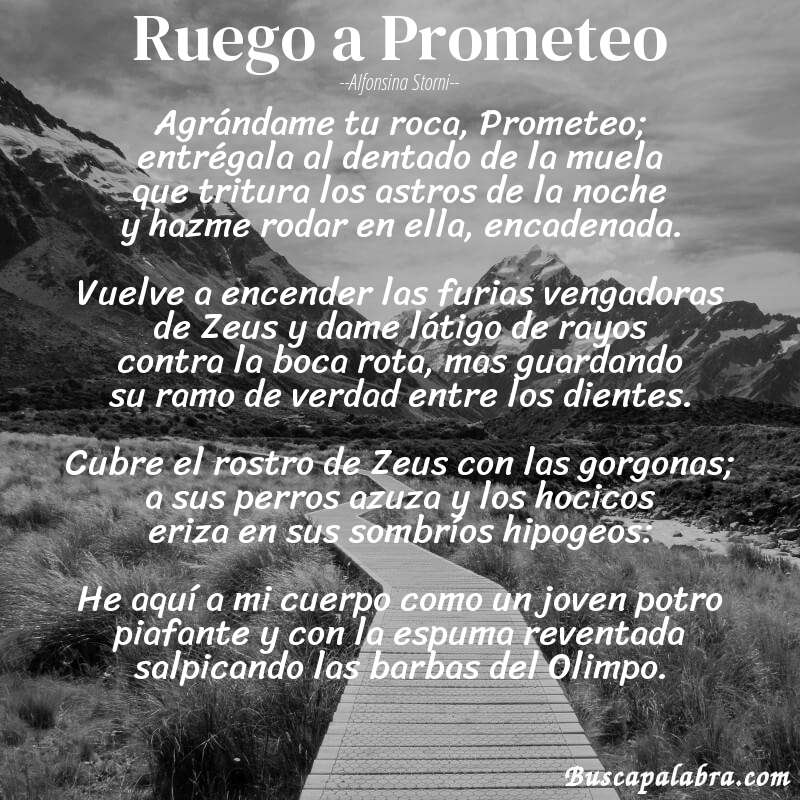 Poema Ruego a Prometeo de Alfonsina Storni con fondo de paisaje
