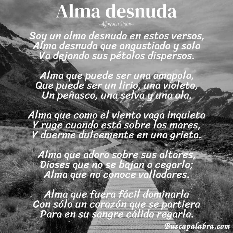 Poema Alma desnuda de Alfonsina Storni con fondo de paisaje