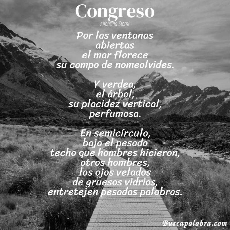 Poema Congreso de Alfonsina Storni con fondo de paisaje