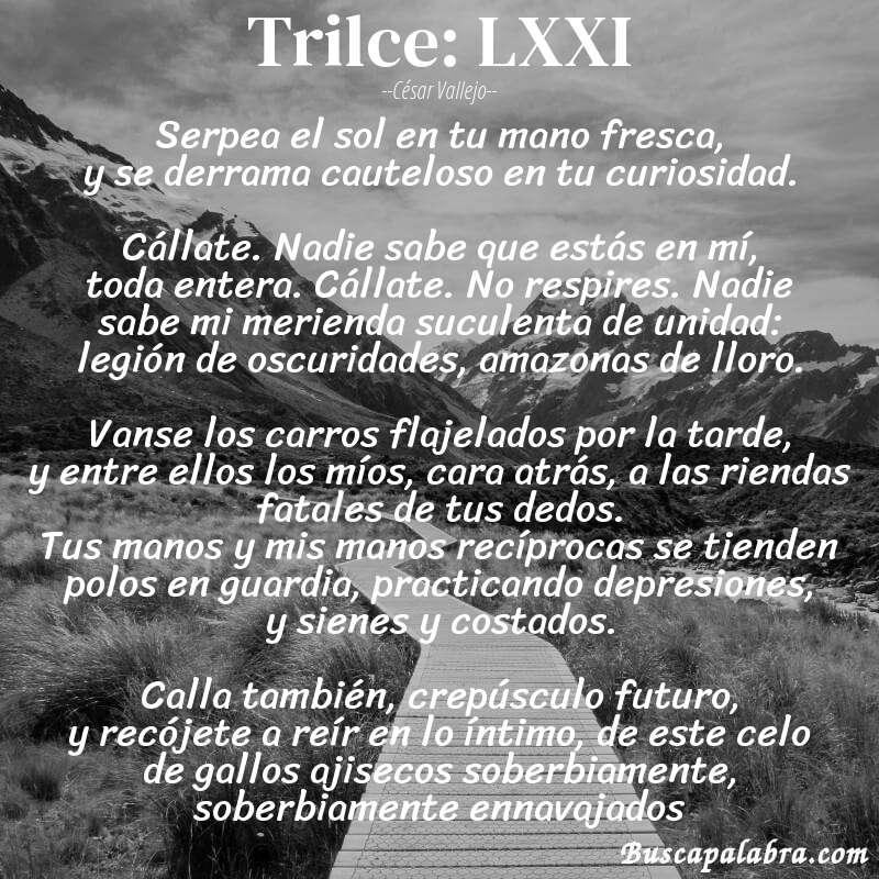 Poema Trilce: LXXI de César Vallejo con fondo de paisaje