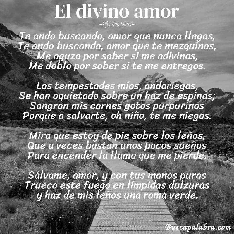 Poema El divino amor de Alfonsina Storni con fondo de paisaje