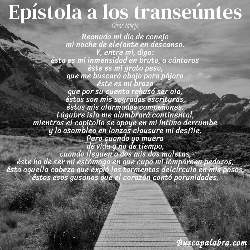 Poema epístola a los transeúntes de César Vallejo con fondo de paisaje
