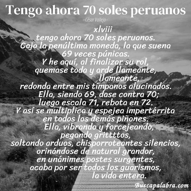 Poema tengo ahora 70 soles peruanos de César Vallejo con fondo de paisaje