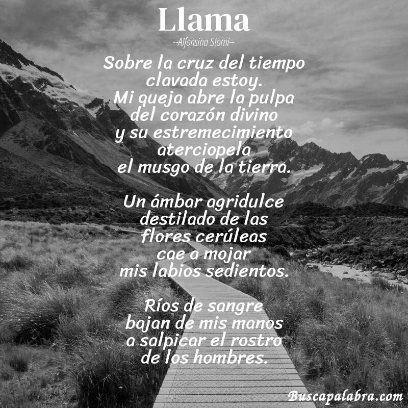 Poema Llama de Alfonsina Storni con fondo de paisaje