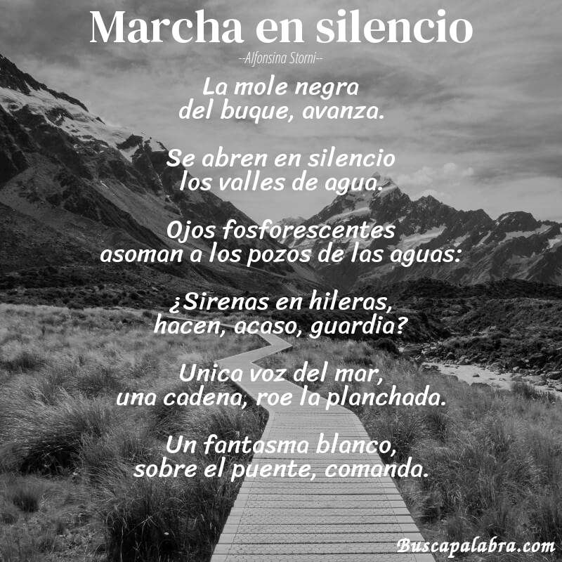 Poema Marcha en silencio de Alfonsina Storni con fondo de paisaje