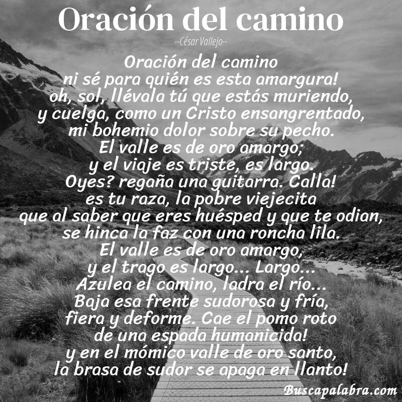 Poema oración del camino de César Vallejo con fondo de paisaje