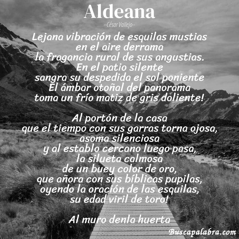 Poema Aldeana de César Vallejo con fondo de paisaje