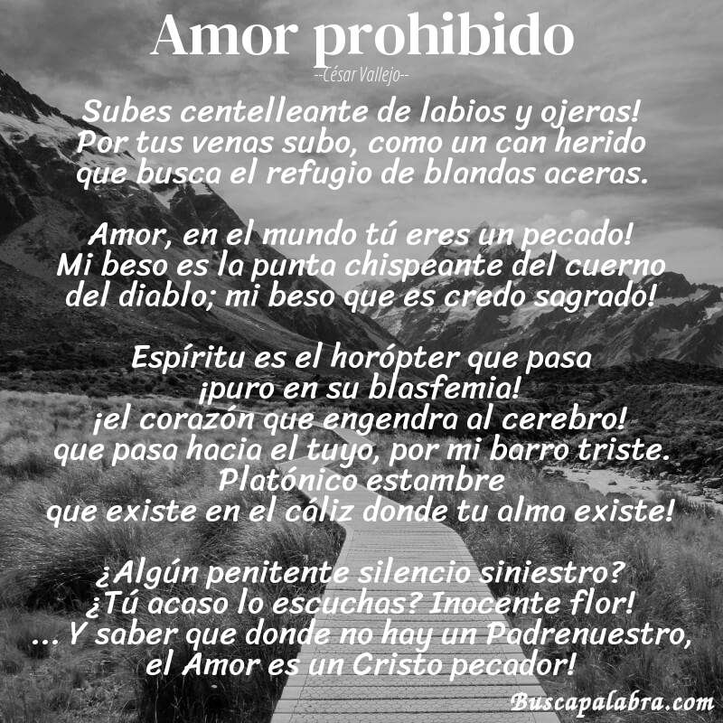 Poema Amor prohibido de César Vallejo con fondo de paisaje