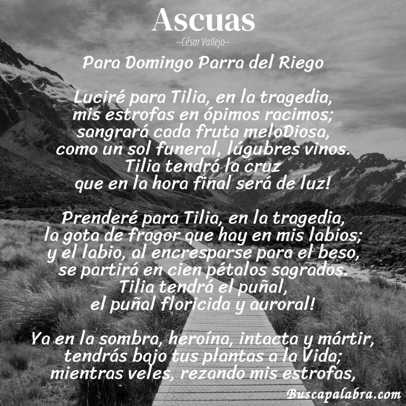 Poema Ascuas de César Vallejo con fondo de paisaje