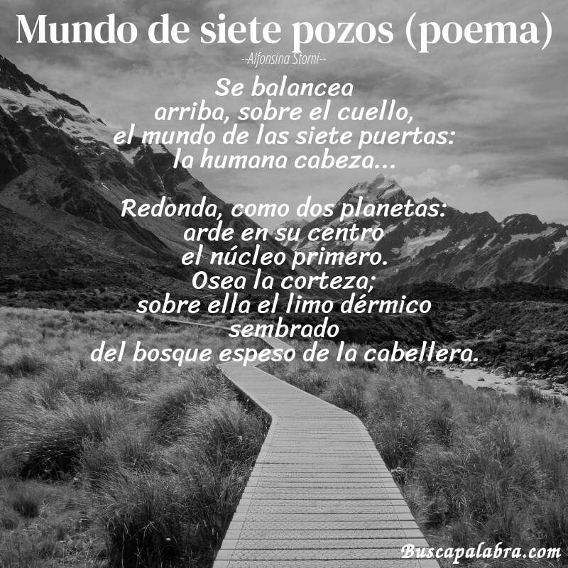 Poema Mundo de siete pozos (poema) de Alfonsina Storni con fondo de paisaje