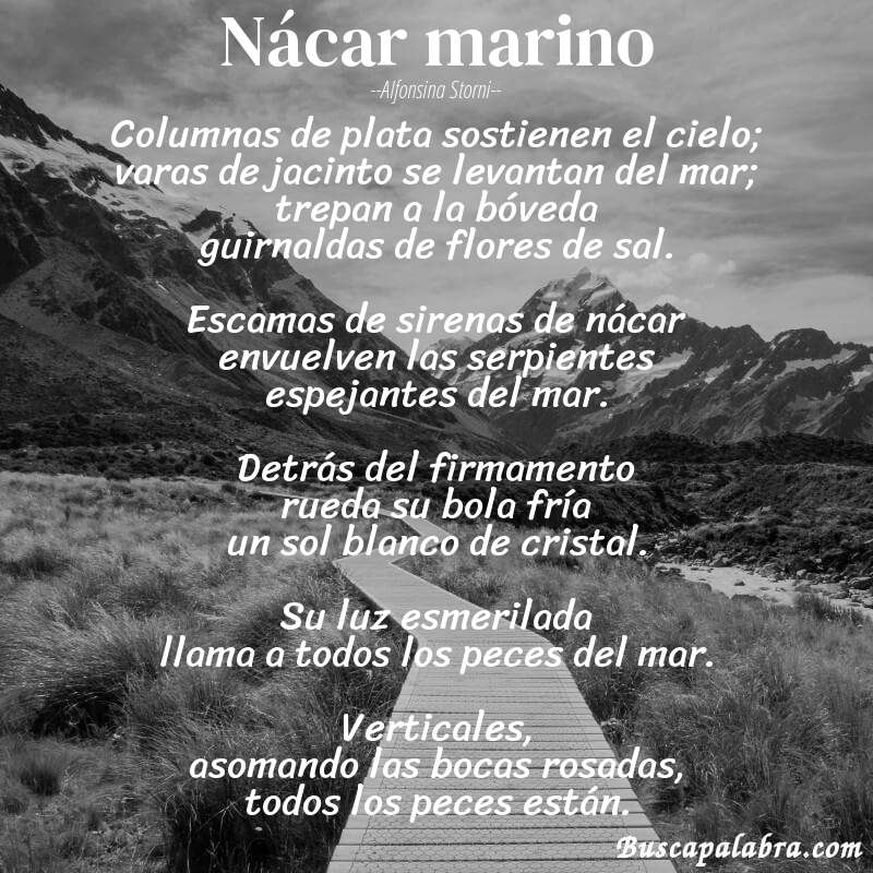 Poema Nácar marino de Alfonsina Storni con fondo de paisaje