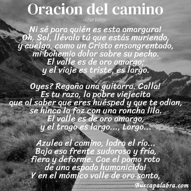 Poema Oracion del camino de César Vallejo con fondo de paisaje
