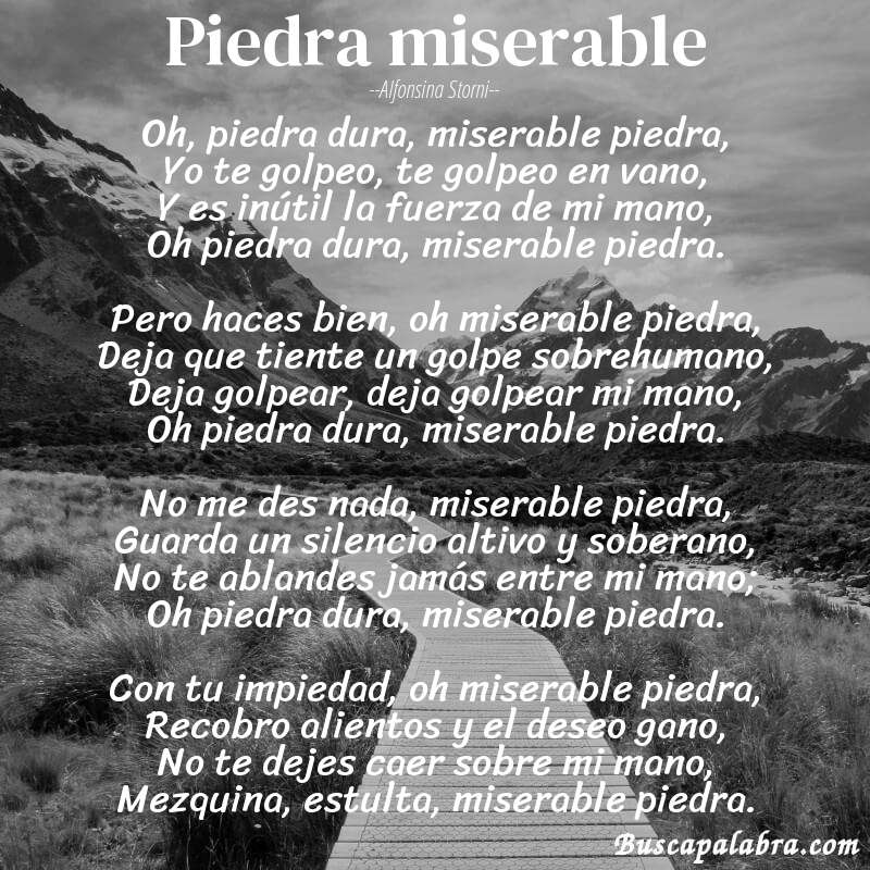 Poema Piedra miserable de Alfonsina Storni con fondo de paisaje