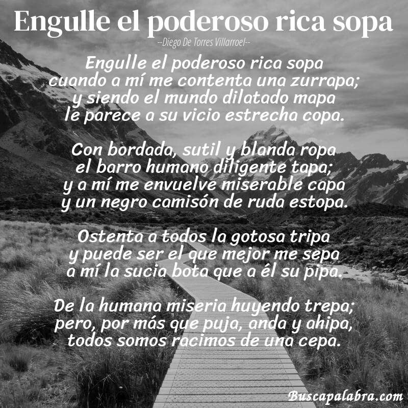 Poema Engulle el poderoso rica sopa de Diego de Torres Villarroel con fondo de paisaje