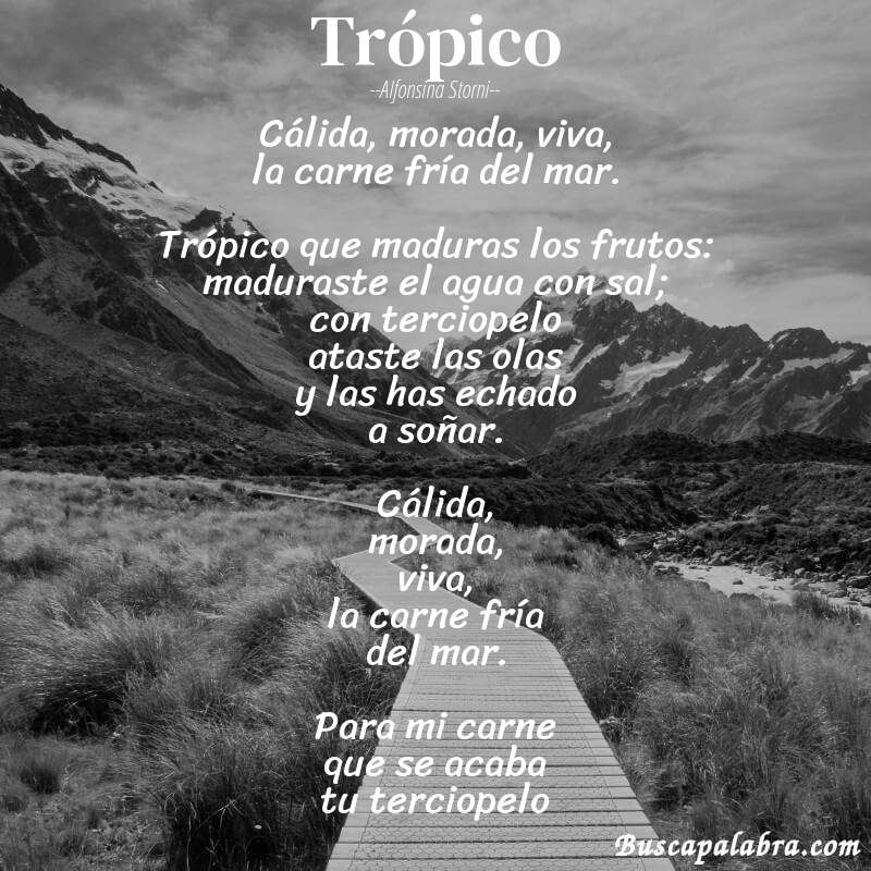 Poema Trópico de Alfonsina Storni con fondo de paisaje