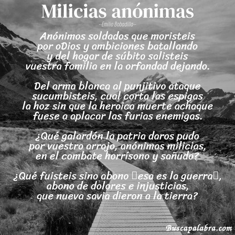 Poema Milicias anónimas de Emilio Bobadilla con fondo de paisaje